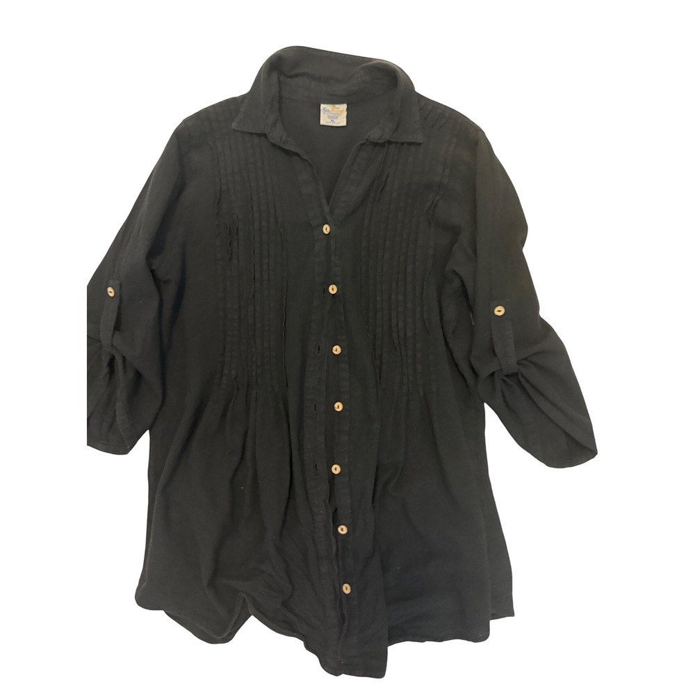 Sea Breeze of California Black Cotton Gauze Pintuck Roll Tab Tunic Top XL USA